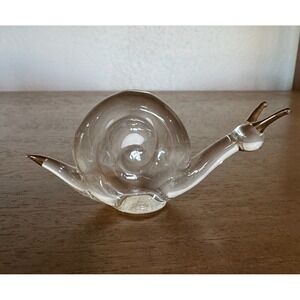 Clear Glass Snail Figurine‎ Paperweight Decor, Gold Accents, Collectible